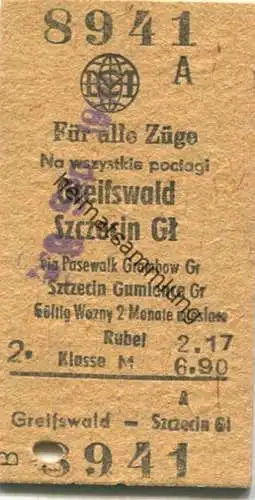 Deutschland - Greifswald Szczecin via Pasewalk Grambow - Fahrkarte 2. Klasse M6.90 Rubel 2.17