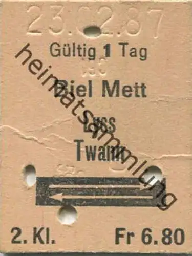 Schweiz - Biel Mett Lyss Twann - Fahrkarte 1987