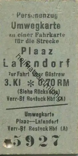 Deutschland - Umwegkarte zu einer Fahrkarte für die Strecke Plaaz Lalendorf - Zur Fahrt über Güstrow - Fahrkarte 3. Klas