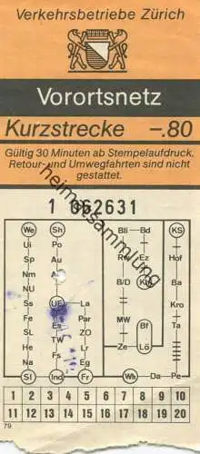 Schweiz - Zürich - Verkehrsbetriebe Zürich - Vorortnetz - Kurzstrecke - Fahrschein