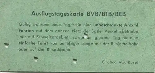 Schweiz - Basel - Basler Verkehrs-Betriebe BVB - Birsigthalbahn BTB - Birseckbahn BEB - Ausflugskarte - Billet FR. 2.30