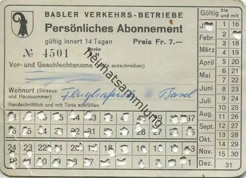 Schweiz - Basel - Basler Verkehrs-Betriebe - Persönliches Abonnement - Billet Fr. 7.- rückseitig Abonnements-Bedingungen