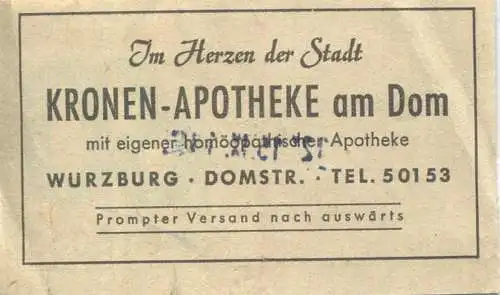 Deutschland - Würzburg - Würzburger Strassenbahn GmbH - Fahrschein - rückseitig Werbung Kronen-Apotheke am Dom