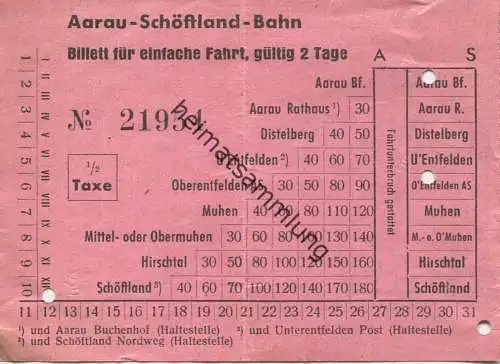 Schweiz - AS Aarau-Schöftland-Bahn - Billett für einfache Fahrt