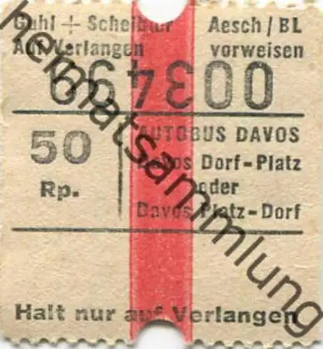 Schweiz - Davos - Autobus Davos Dorf-Platz oder Davos Platz-Dorf - Fahrschein 50Rp.