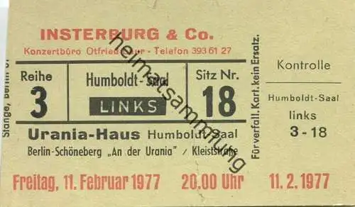 Deutschland - Berlin - Urania-Haus Humboldt-Saal - Insterburg & Co. 1977 - Eintrittskarte