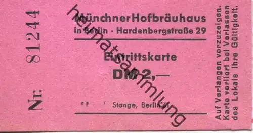 Deutschland - Berlin - Münchner Hofbräuhaus in Berlin - Eintrittskarte