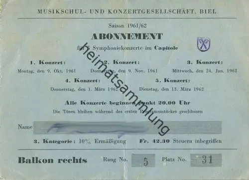 Schweiz - Musikschul- und Konzertgesellschaft Biel - Abonnement 1961/62 - Capitole