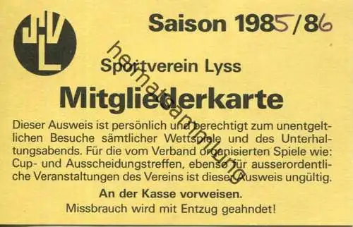 Schweiz - Sportverein Lyss - Mitgliederkarte Saison 1985/86