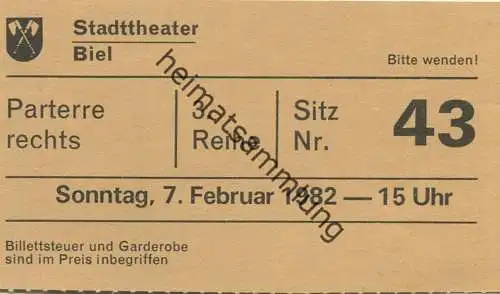 Schweiz - Stadttheater Biel 1982 - Eintrittskarte