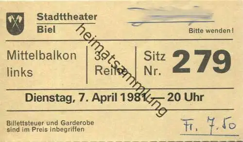 Schweiz - Stadttheater Biel 1981 - Eintrittskarte