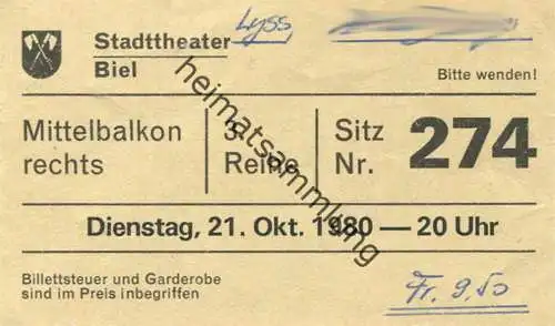 Schweiz - Stadttheater Biel 1980 - Eintrittskarte