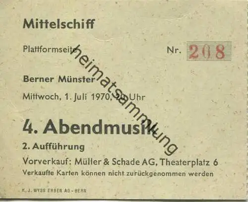 Schweiz - Bern - Berner Münster - Mittelschiff - 4. Abendmusik 1970 - Eintrittskarte