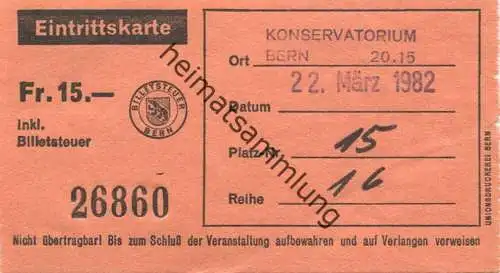 Schweiz - Konservatorium Bern 1982 - Eintrittskarte