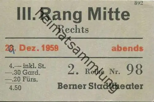 Schweiz - Berner Stadttheater 1959 - Eintrittskarte