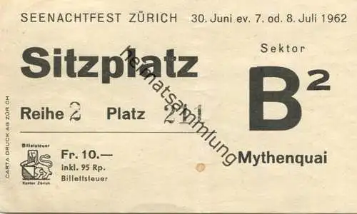 Schweiz - Seenachtfest Zürich 1962 - Eintrittskarte