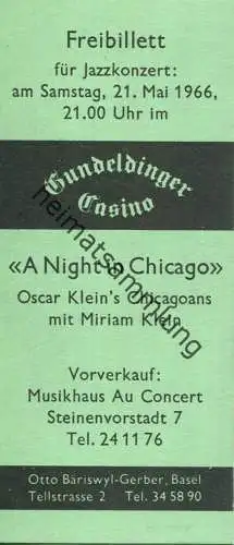 Schweiz - Basel - Gundeldinger Casino - Freibillett "A Night in Chicago" Oskar Klein 's Chicagoans 1966