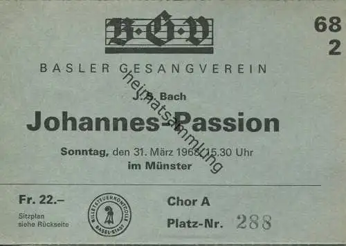 Schweiz - Basler Gesangverein - Johannes-Passion im Münster 1968 - Eintrittskarte