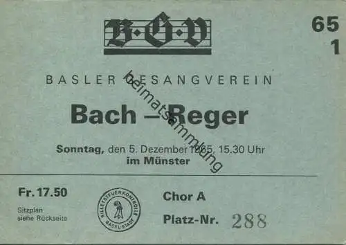 Schweiz - Basler Gesangverein - Bach-Reger im Münster 1965 - Eintrittskarte