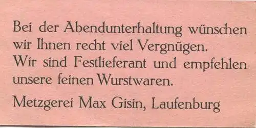 Schweiz - 40 Jahre FCL - Laufenburg - Eintrittskarte - rückseitig Werbung der Metzgerei Max Gisin