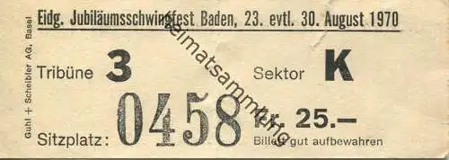 Schweiz - Eidgenössisches Jubiläumsschwingfest Baden 1970 - Eintrittskarte