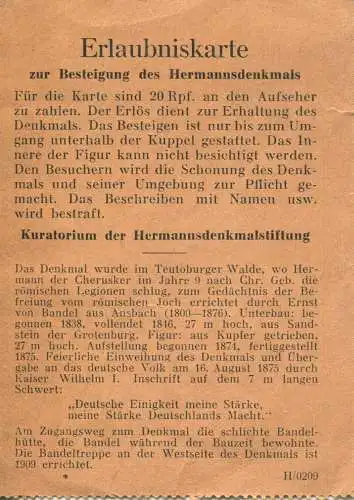 Deutschland - Erlaubniskarte zur Besteigung des Hermannsdenkmals - 20Rpf. an den Aufseher für die Erhaltung des Denkmals