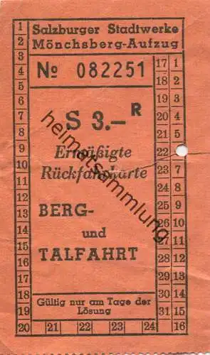Österreich - Salzburger Stadtwerke - Mönchsberg-Aufzug - Ermässigte Rückfahrkarte S 3.-