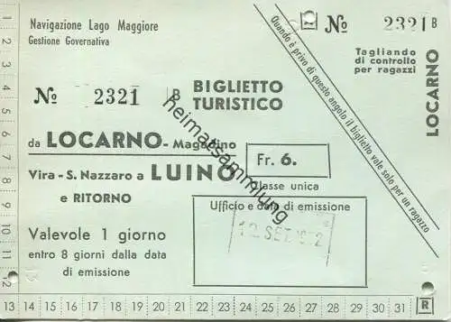 Schweiz - Biglietto Turistico da Locarno - Magadino - Tages-Fahrkarte 1962 Fr. 6.-