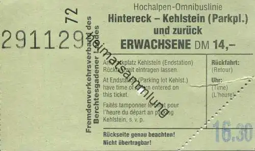 Deutschland - Hochalpen-Omnibuslinie - Hintereck - Kehlstein und zurück - Fahrkarte - Fremdenverkehrsverband des Berchte