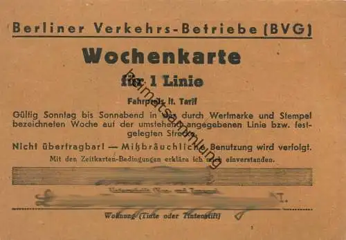Deutschland - Berliner Verkehrs-Betriebe BVG - Wochenkarte für 1 Linie 40er Jahre