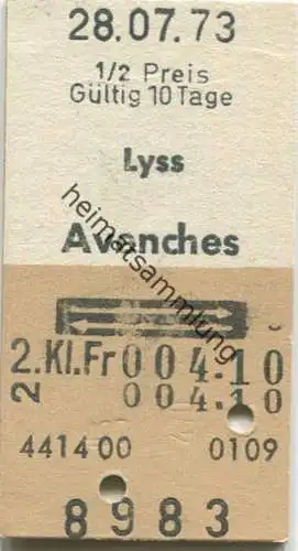Schweiz - Lyss - Avenches und zurück - Fahrkarte 1973 1/2 Preis 2. Klasse