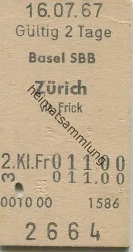 Schweiz - Basel SBB - Zürich via Frick - Fahrkarte 2. Klasse Fahrkarte 1967