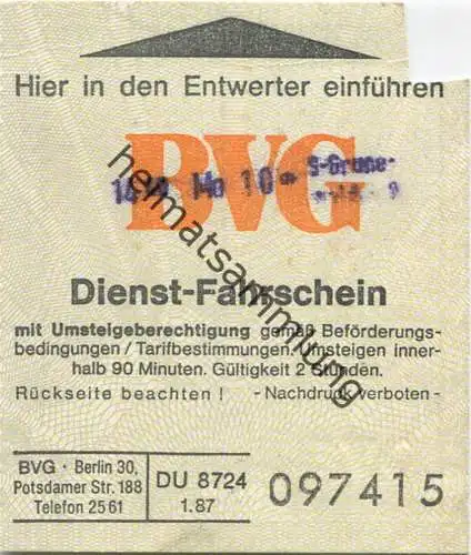 Deutschland - Berlin - Dienst-Fahrschein BVG 1987