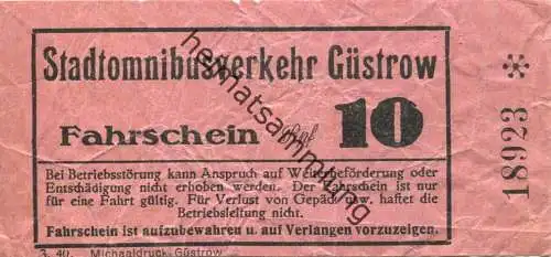 Deutschland - Stadtomnibusverkehr Güstrow - Fahrschein 1940 Rpf.10