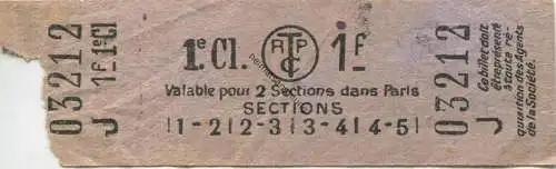 Frankreich - RTPC - Billet - Valable puor 2 Sections dans Paris 1.e Cl. 1f