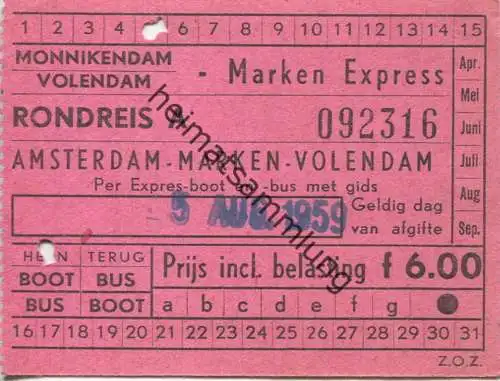 Niederlande - Marken Express - Amsterdam Marken Volendam - Rondreis 1959 - Fahrkarte