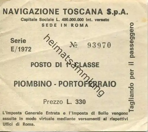 Italien - Navigazione Toscana S.p.A. - Piombino - Portoferraio - Fahrschein 1972 L. 330