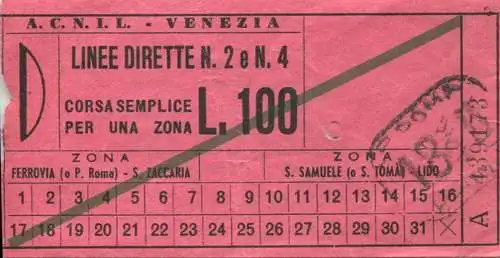 Italien - A.C.N.I.L. - Venezia - Linea Dirette N. 2e N. 4 - Fahrschein Biglietto L. 100