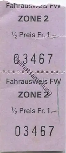 Schweiz - Frauenfeld - Fahrausweis - FW Frauenfeld-Wil-Bahn - Zone 2 1/2 Preis Fr. 1.-