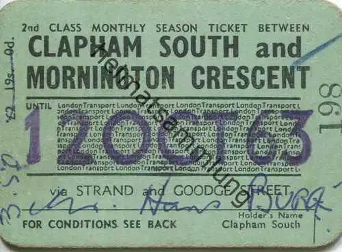 Grossbritannien - London Transport Railways - Clapham south and Mornington crescent - 2nd class monthly season Ticket 19