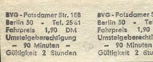 Deutschland - BVG Berlin Potsdamer Str. 188 - Umsteigefahrschein - Fahrpreis 1,90 DM - Neu-Westend