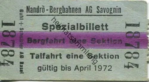Schweiz - Nandro Bergbahnen AG Savognin - Spezialbillett gültig bis April 1972