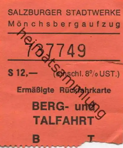 Österreich - Salzburg - Salzburger Stadtwerke - Mönchsbergaufzug - Fahrschein S 12.-