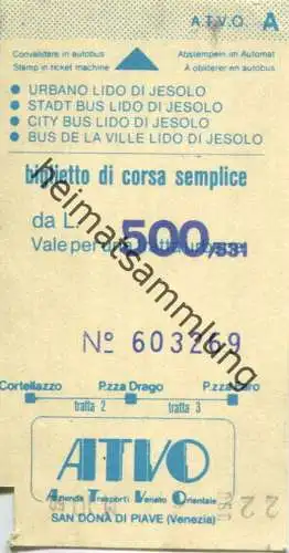 Italien - Urbano Lido di Jesolo - Stadtbus - Fahrkarte L. 500