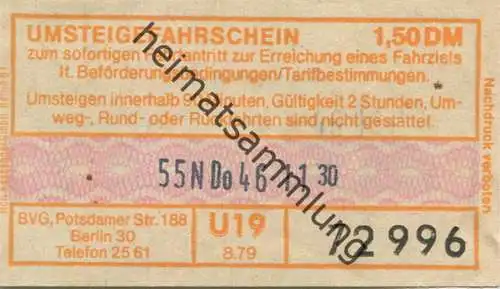 Deutschland - BVG Berlin Potsdamer Str. 188 - Umsteigefahrschein 1979
