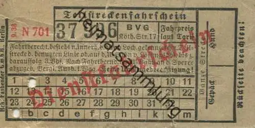 Deutschland - Berlin - BVG - Dienstfahrschein 1938 - Teilstreckenfahrschein