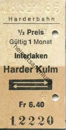 Schweiz - Harderbahn - Interlaken Harder Kulm und zurück - Fahrkarte 1/2 Preis 1985