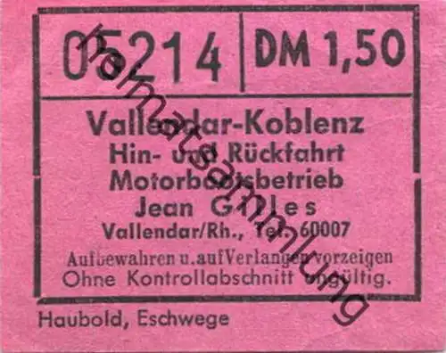Deutschland - Vallendar-Koblenz - Motorbootsbetrieb Jean Gilles Vallendar - Fahrschein