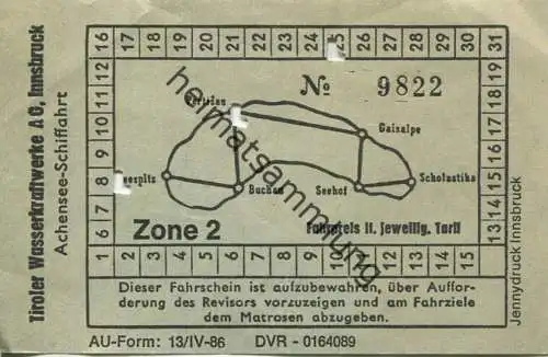 Österreich - Tiroler Wasserkraftwerke AG Innsbruck - Achensee-Schiffahrt - Fahrschein Zone 2