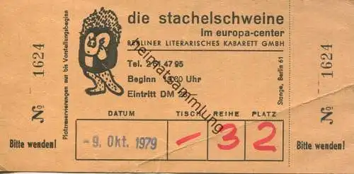 Deutschland - Die Stachelschweine im Europa-Center - Eintrittskarte 1979 - rückseitig Werbung für Wolfgang Gruner 's Kne